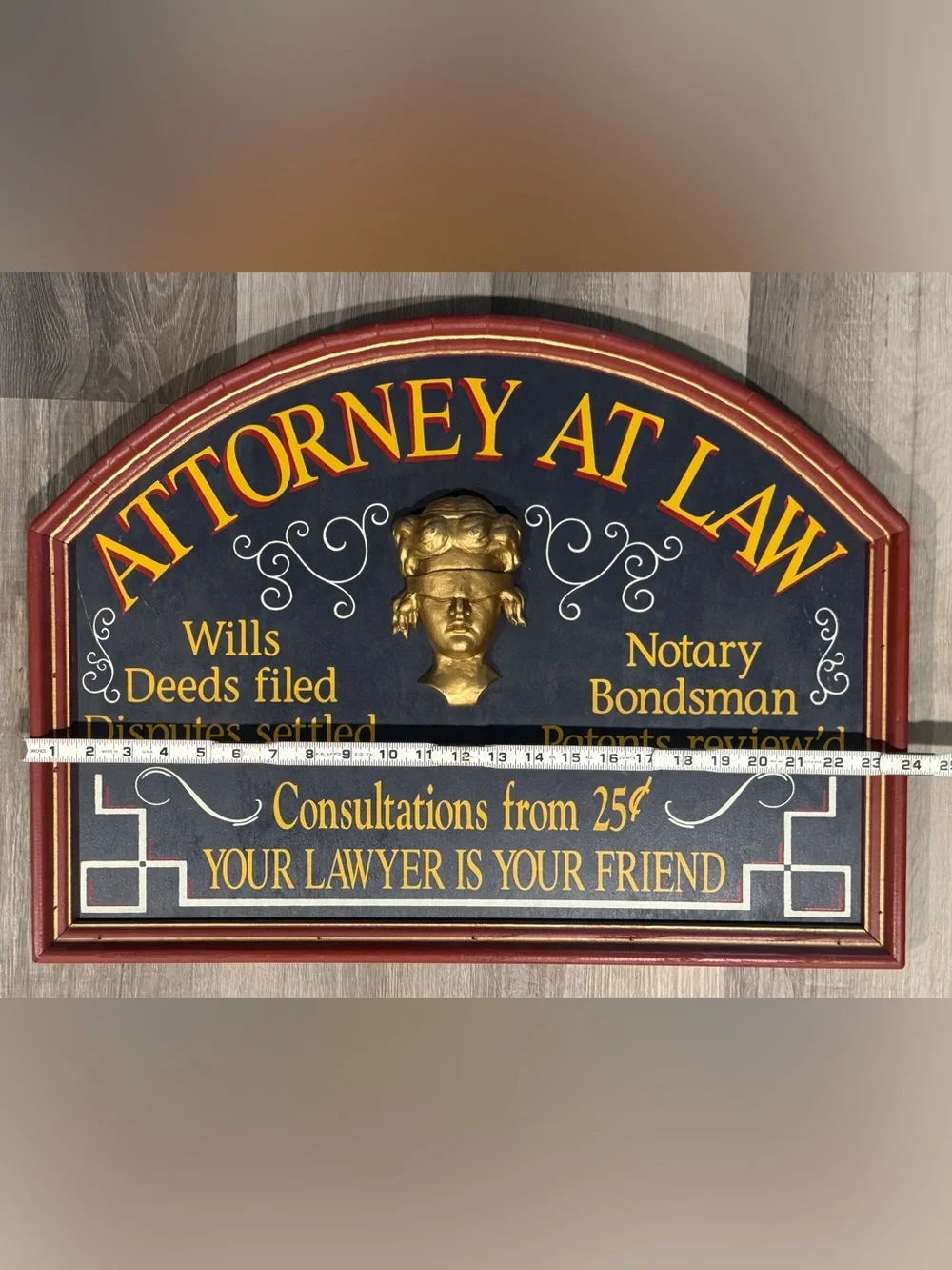 Vtg 1997 Attorney At Law Decorative Wall Plaque in Black Gold - Solid Wood USA